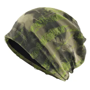 Wasteland style slouchy beanie hat for men and women, cool tactical headscarf cap with text prints.