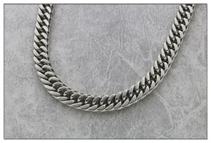 Titanium steel heavy curb chain necklace detail showing polished links and double weave pattern.