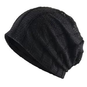 Japanese mesh slouchy beanie for women, breathable thin spring summer solid black casual hat.
