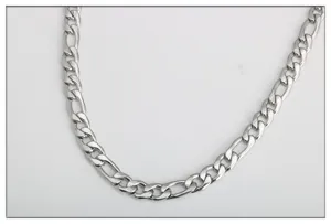 Stainless steel Figaro chain detail, 3:1 pattern silver metal link necklace DIY accessory.