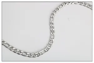 Stainless steel Figaro chain detail shot, silver metal link for DIY jewelry making and bags.