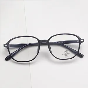 Closeup view of black TR optical glasses frame, featuring temple details and anti blue light.