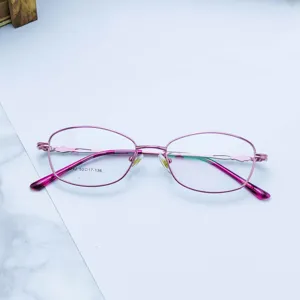 Close-up detail of the pink metal full-frame eyeglasses, showcasing the oval frame and slim temples.