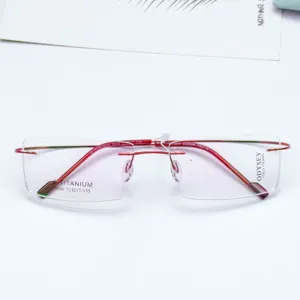 Rimless optical eyeglass frame red temple square prescription glasses detail view 5006