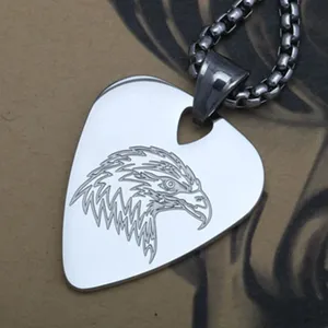 Vintage Titanium Steel Eagle Engraved Guitar Pick Pendant Necklace For Men Women Punk Rock Biker Jewelry Sweater Long Chain Gift
