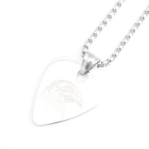 Stainless steel guitar pick pendant necklace with cool eagle engraving for men and women daily wear.