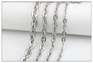 Vista dettagliata catena O in acciaio inox, collana in metallo e display per catena borsa.