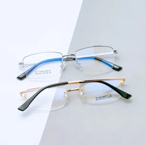 Detail view of stylish men business semi-rimless glasses frames with durable beta titanium temples.