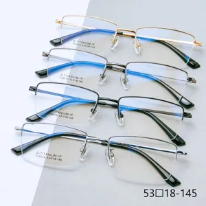 Monture de lunettes demi-cercle en titane pour homme, vue détaillée en métal multicouleur.