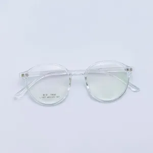 Clear round TR90 optical glasses frame detail view, showing transparent frame and temple design.