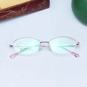 Detail view of women's memory titanium eyeglasses frame, elegant rose gold optical glasses.