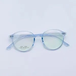 Close-up detail of clear light blue round TR90 spectacle frame, lightweight and stylish.