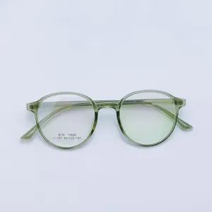 Detailed view of lightweight round TR90 optical glasses frame in transparent green color.