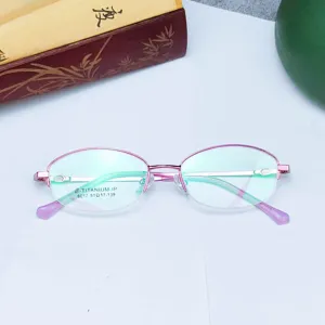 Pink half-frame optical glasses for women, lightweight memory titanium frame, elegant design.