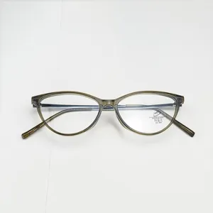 Detail shot of cat-eye anti-blue light glasses frame with translucent grey TR material.