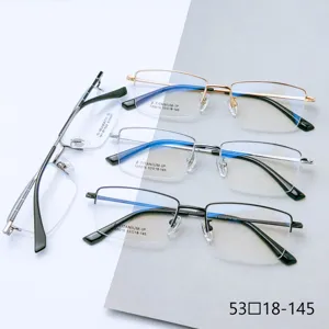 Monture de Lunettes Optiques en Titane Pur Hommes Affaires Demi-Monture Métal Brossé Luxe Lunettes de Vue pour Grand Visage