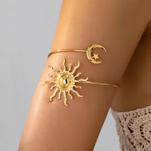 Brazalete de Brazo Abierto Sol Luna Celestial Vintage para Mujer Oro Galvanizado Aleación Estrella Brazalete Joyería Accesorio de Moda Elegante
