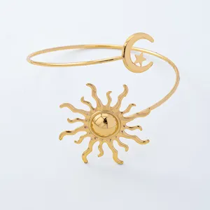 Brazalete abierto de sol y luna dorado, joyería de brazo celestial vintage elegante para mujeres.