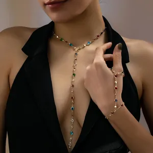 Conjunto de Joyas de Aleación Oro con Diamantes de Imitación Multicolores Elegante Collar en Y y Pulsera para Mujer