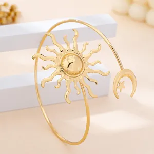 Brazalete de sol y luna dorado, pulsera de brazo abierto retro para mujer elegante.