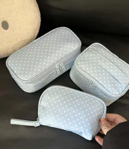 Set de bolsas cosméticas azul claro con lunares, estuche de maquillaje de viaje portátil.