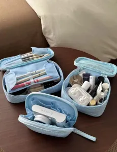Vista detallada de bolsa de maquillaje portátil con compartimentos de almacenamiento.