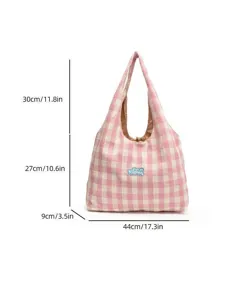 Detailed view of the pink plaid canvas tote bag with precise size dimensions and measurements.