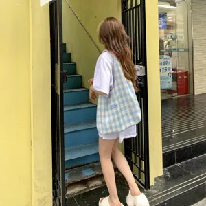 Korean lazy style blue and white plaid canvas tote bag, casual shoulder bag for women daily commute.