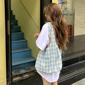 Casual blue white plaid canvas shoulder bag, trendy Korean style everyday tote for women.