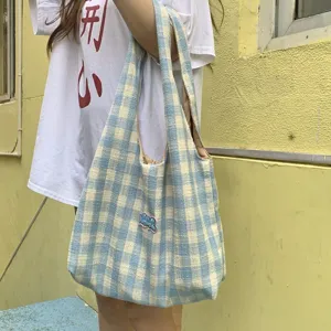 Korean style blue and white plaid canvas tote bag casual shoulder bag daily versatile handbag