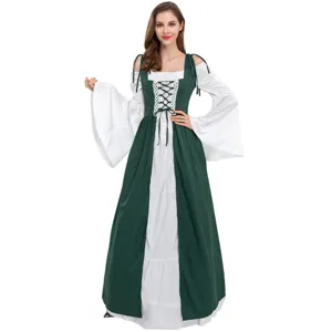 Renaissance medieval cosplay dress detail featuring square neck, corset waist, and contrast sleeves.