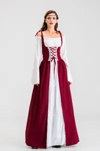 Medieval Renaissance costume dress, white long sleeve inner with wine red corset.