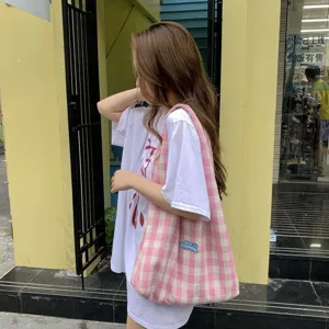 Korean lazy style pink white plaid canvas shoulder bag women casual fashion crossbody bag daily use