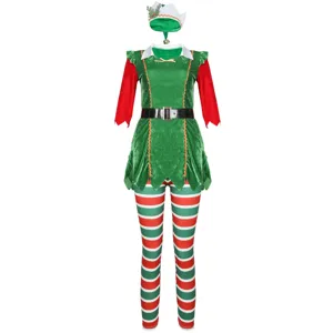 Christmas elf costume set with green top, red striped pants, and holiday hat for cosplay.