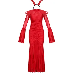 Detalle de disfraz de diablo rojo con vestido manga larga y diadema cuernos Halloween.
