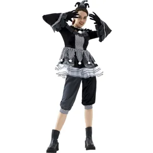 Costume da giullare nero e bianco da donna, vestito di carnevale o cosplay da clown di Halloween.