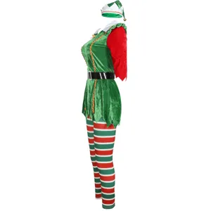 Side view detail of a Christmas elf costume with green top, red sleeves and striped pants.
