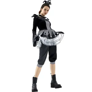 Costume cosplay giullare gotico Halloween nero bianco vestito da clown con gonna a balze