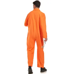 Back view detail of the orange prisoner costume showing the long sleeve jumpsuit and prop handcuffs.