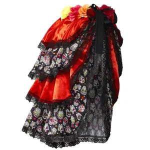 Detailed close-up of the Halloween multi-layer skull waist skirt with lace and flower trim.