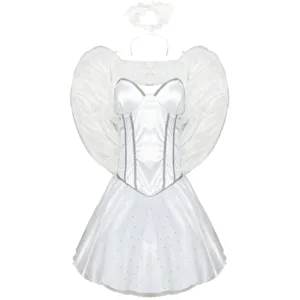 Women's Halloween White Angel Vampire Cosplay Costume Set With Feather Wings And Headpiece Sexy Fairy Performance Outfit