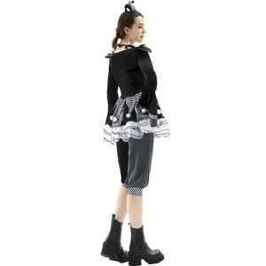 Costume da giullare bianco e nero da donna, vestito cosplay da clown spaventoso.
