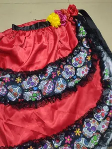 Halloween gothic skull multi-layer skirt with ruffles and decorative floral waistband.