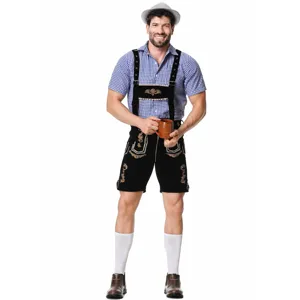 Men traditional German Oktoberfest costume set including checkered shirt and embroidered lederhosen.