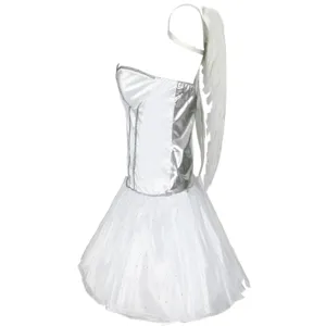 Detail shot of white angel costume wing and silver corset texture, festival party dress.