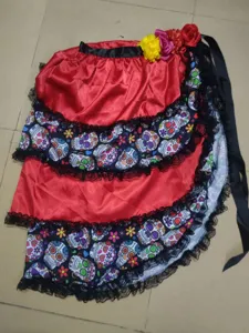 Halloween skull print waist skirt multi-layer layered red skirt with floral ribbon detail.