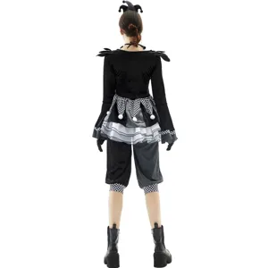 Costume di cosplay da clown malvagio di Halloween vista posteriore, abito da giullare.