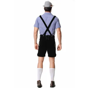 Back view details of traditional German Oktoberfest mens lederhosen outfit with checkered shirt.