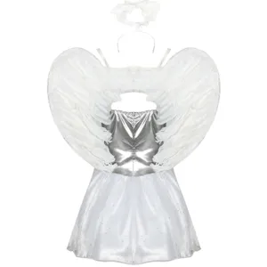 Halloween white angel costume set featuring feather wings, halo, silver bodice and sparkling skirt.