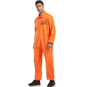 Orange Halloween prisoner costume for men, cosplay party stage performance outfit with cuffs.